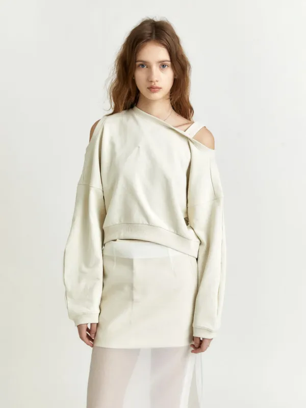 [6th] LOURMEL Unbalanced Cut-Out Off-Shoulder Sweatshirt_Beige