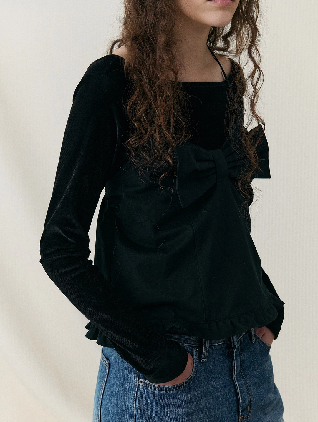포에토 Ribboned once top blouse - black 상품 이미지 2