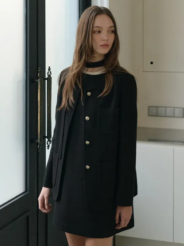 Tweed Single Long Jacket Black