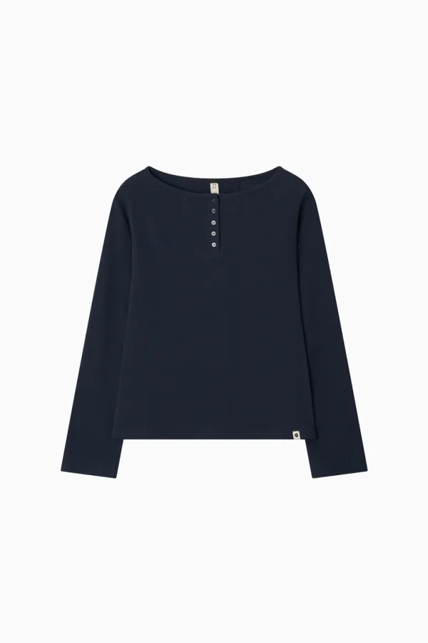 [6/1 예약배송] HENLEY NECK BUTTON LONG SLEEVE, NAVY