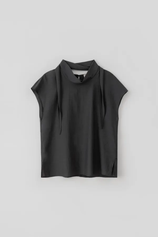 Tie Cap Sleeve Blouse_Charcoal