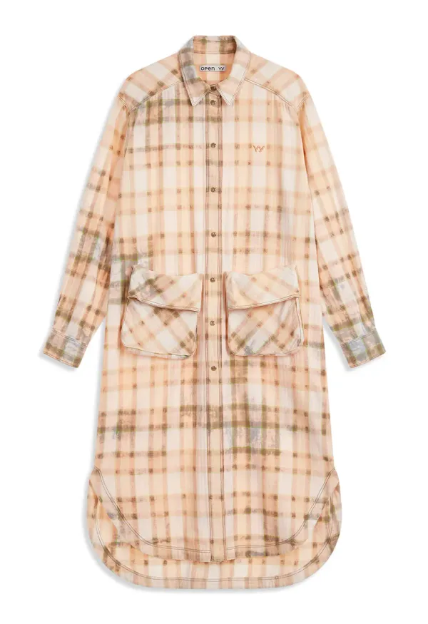 FADED CHECK POCKET LONG SHIRT, SALMON
