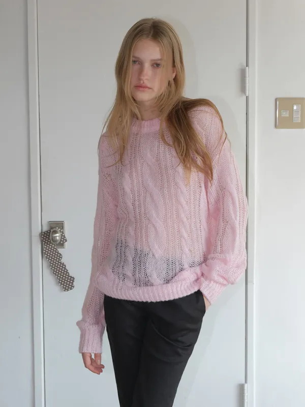 Hairy Cable Pullover Knit, Light Pink