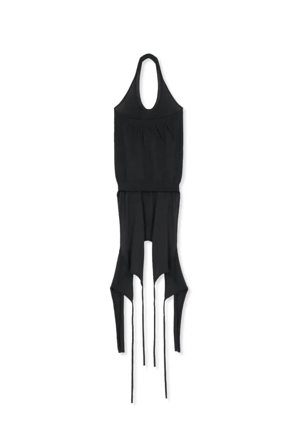 LAYERED TIE HALTER NECK KNIT TOP IN BLACK