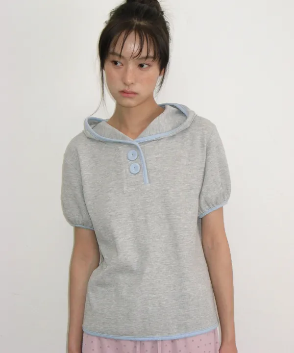 WAFFLE BUTTON HALF SLEEVE HOODIE GREY