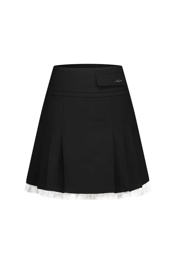 핀턱 레이스 미디 스커트 블랙
