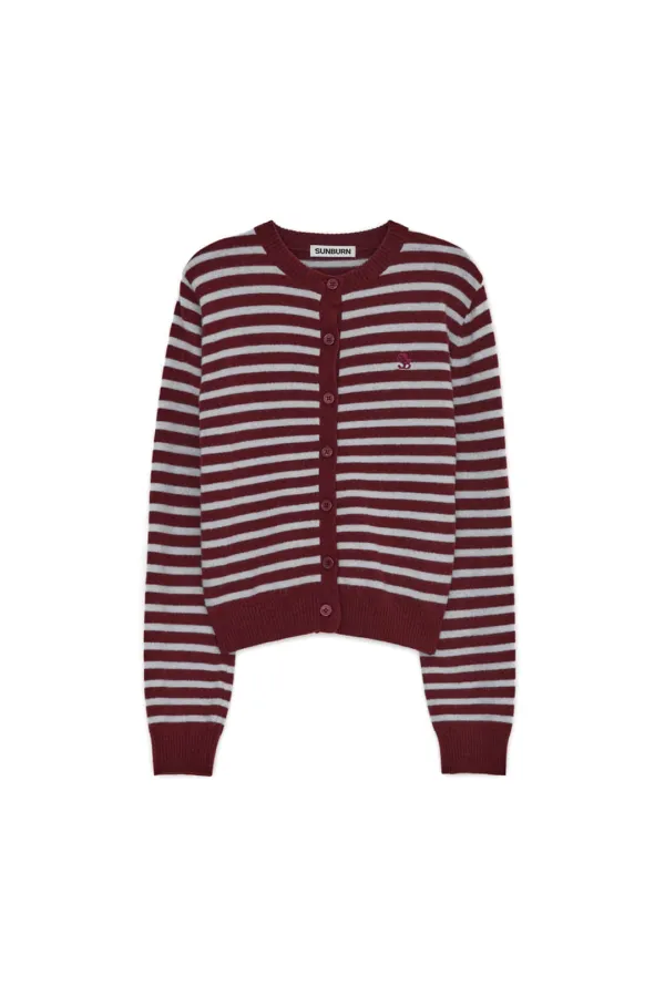 CASHMERE STRIPE ROUND CARDIGAN, BURGUNDY