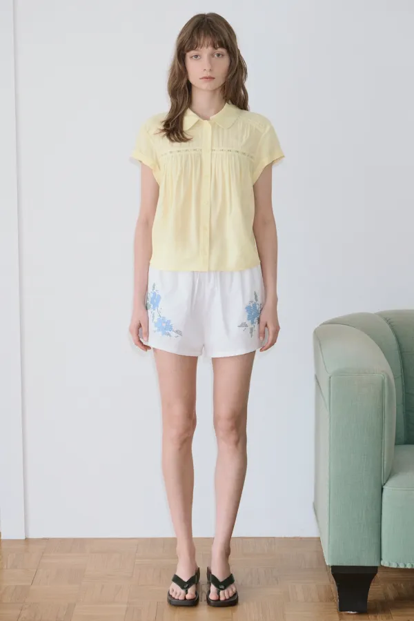 Rose Lace Shirring Roll-Up Blouse (Yellow)