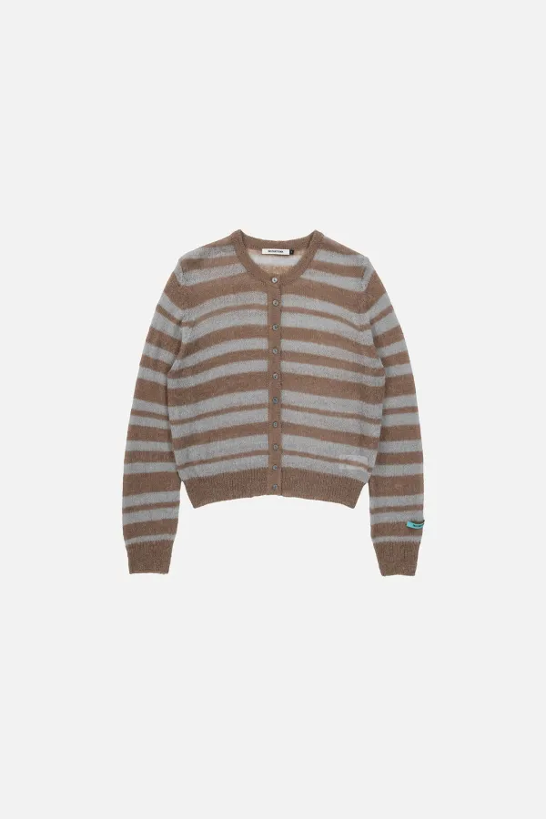 ROUND NECK STRIPE CARDIGAN - BROWN