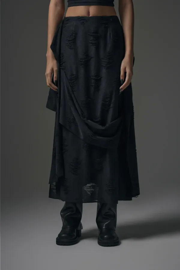Strap Drape Damage Skirt [ Black ]