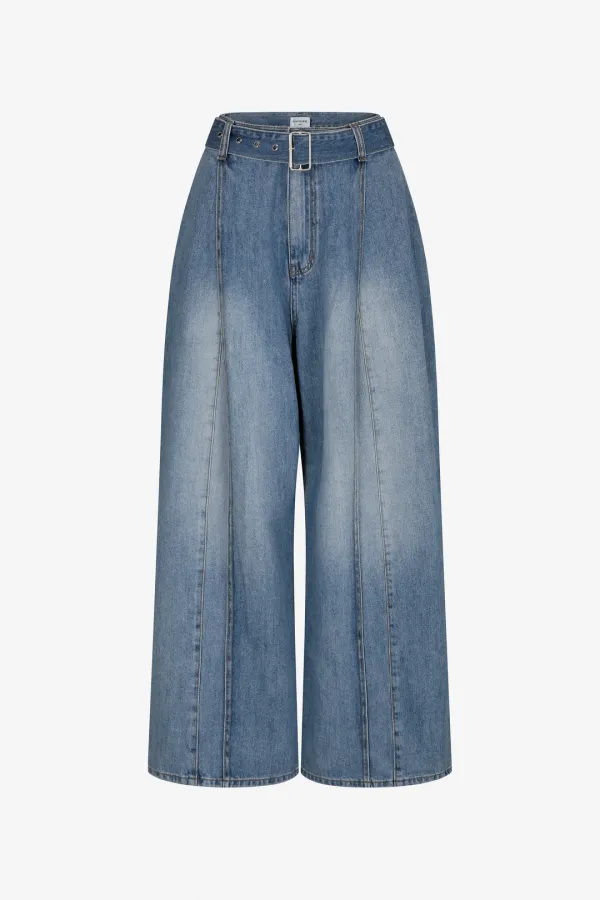 belted split front seam jeans