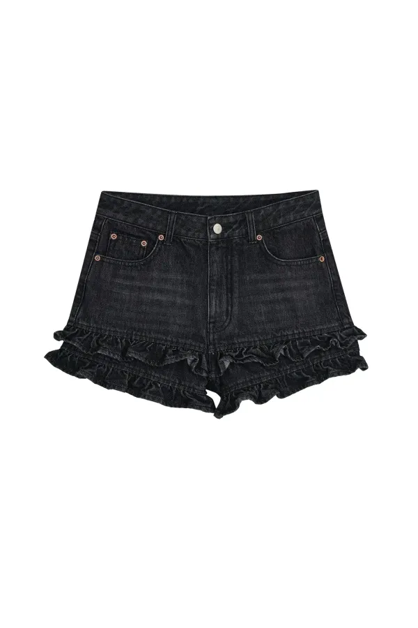 FRILL FLARE DENIM SHORTS [BLACK]