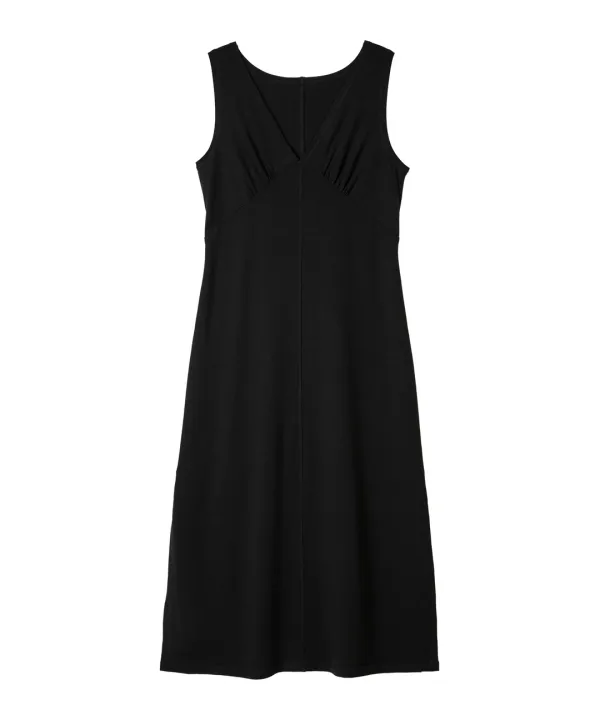 V Neck Layered Jersey Long Dress-Black