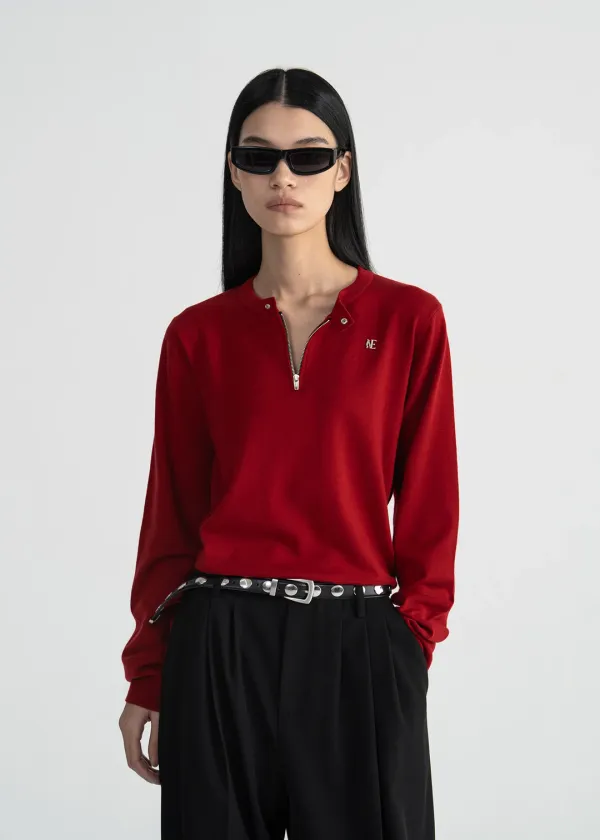 MOTORCYCLE HALF-ZIP KNIT TOP - RED