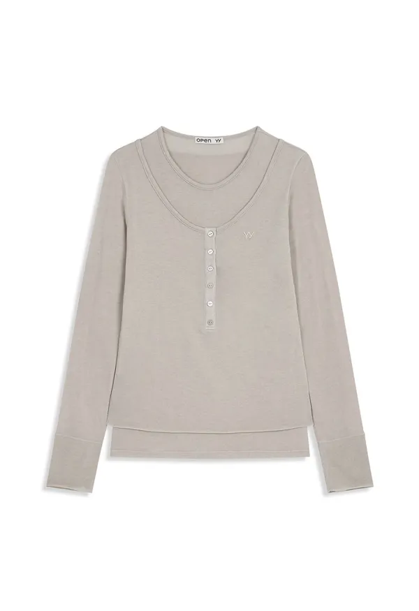 LAYERED HENLEY LOUNGE TEE, BEIGE