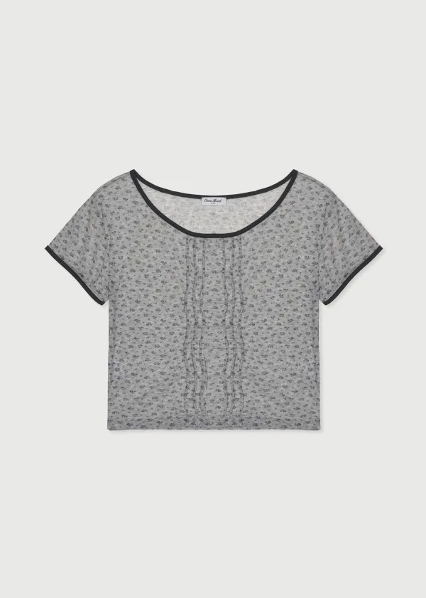 PINTUCK FLOWER TEE - GRAY