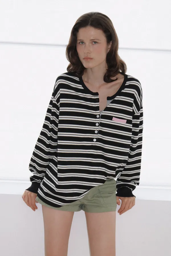 [4차 예약배송 9/17 순차적 출고]BUTTON STRIPE LONG SLEEVE TEE - BLACK