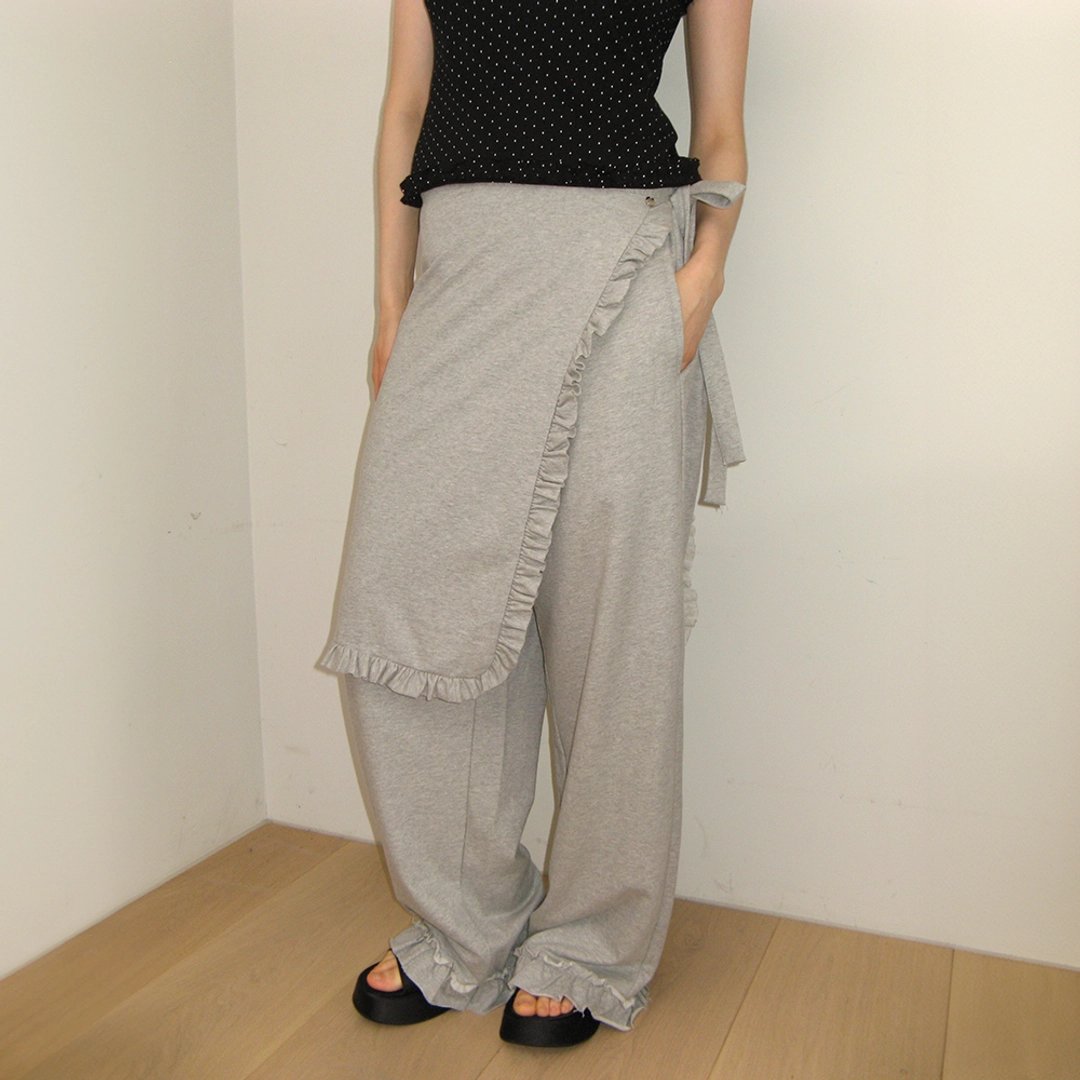 론론 RUFFLE WRAPOVER PANTS MELANGE GREY 상품 이미지 2