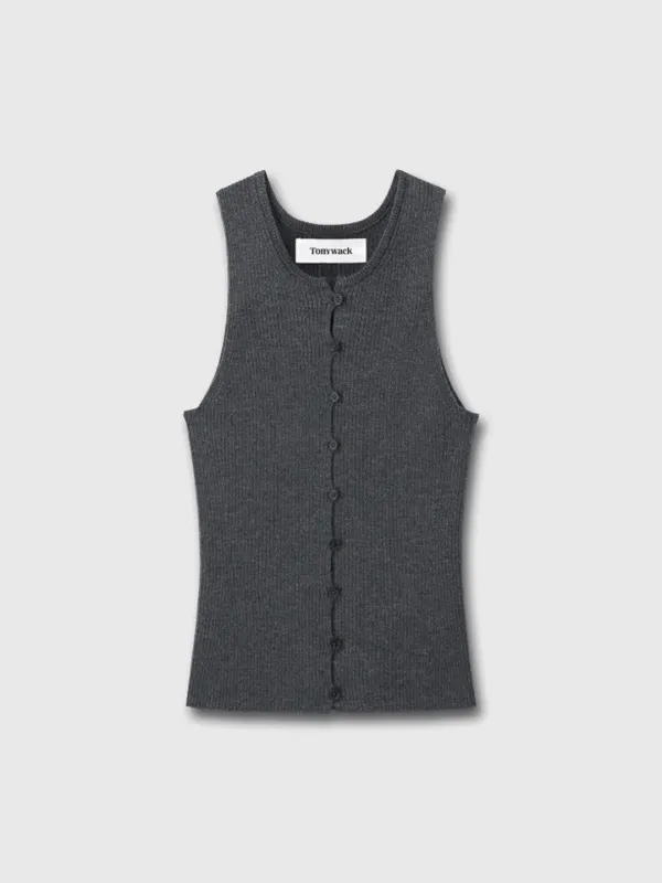(W) BUTTON RIBBED SLEEVELESS CARDIGAN_ CHARCOAL