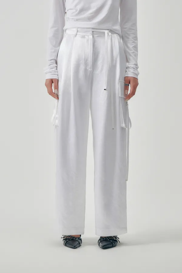 Soft Satin Out-Pocket Pants [ White ]