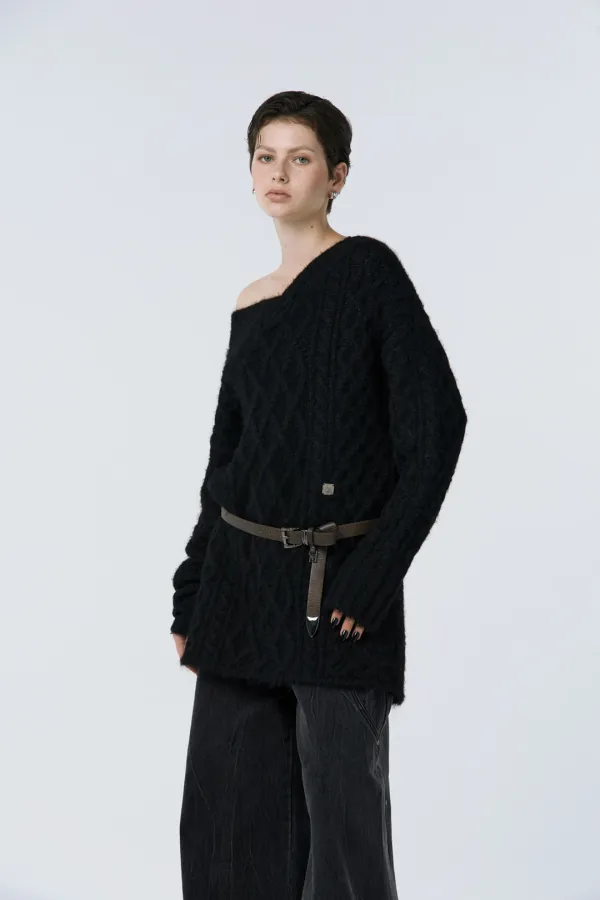 Oversized Off-Shoulder Knit [ Black ]