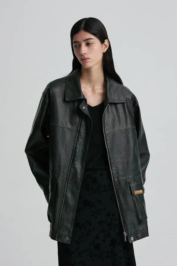DRAWSTRING HEM FAUX LEAHTER JACEKT