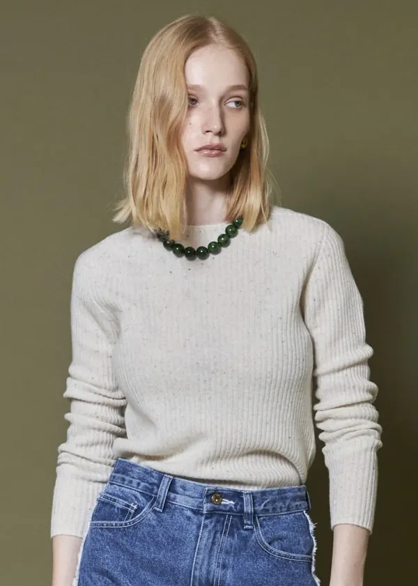 RIBBED ROUND KNIT _MELANGE IVORY