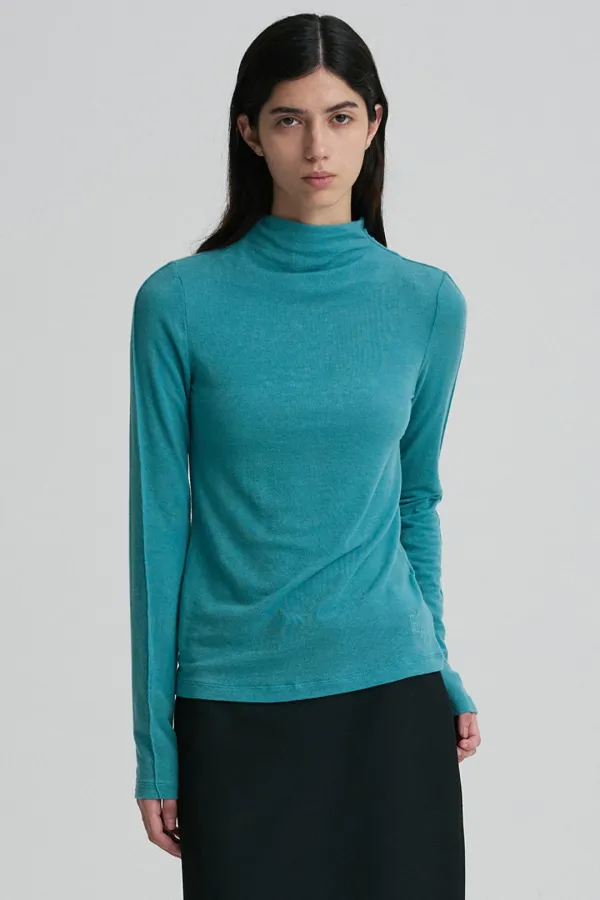 WOOL BLEND MOCK-NECK TOP TEAL BLUE