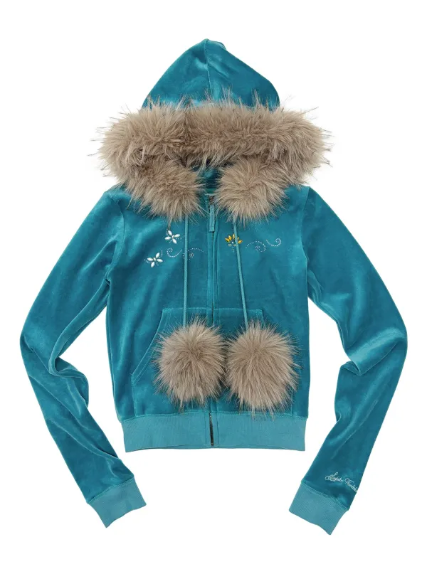 Velour Track Hooded Zip-Up Teal