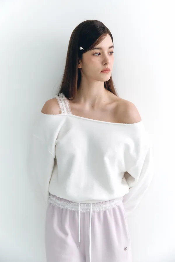 [태연 착용] Lace Off Shoulder Sweatshirt White