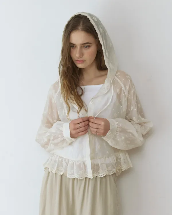 Flower jacquard see through hood - cream