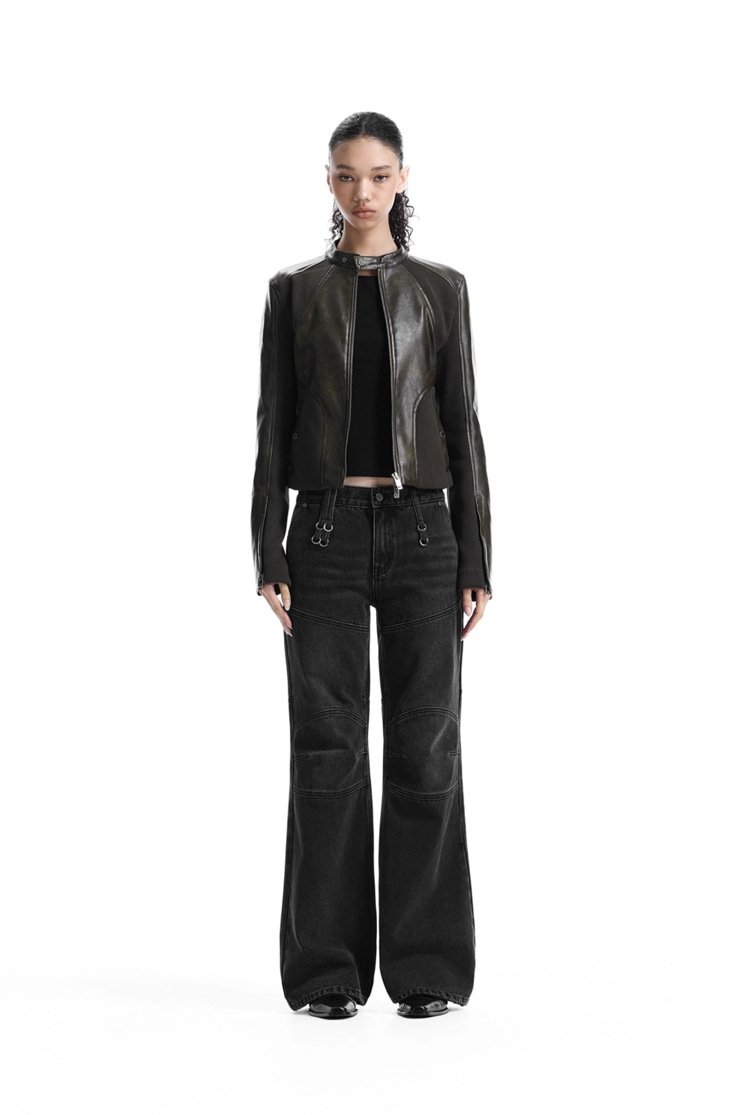 트리밍버드 Rib Pannel Slim Fit Leather Jacket [ Brown ] 상품 이미지 2