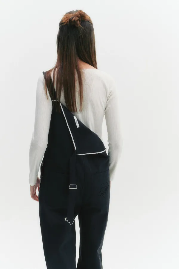 Lace Trimming Overall Pants Charcoal