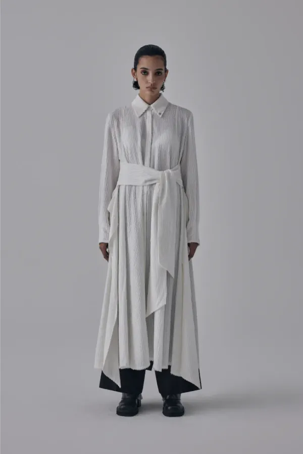 Velboa Stripe Strap Long Shirt One-Piece [ White ]
