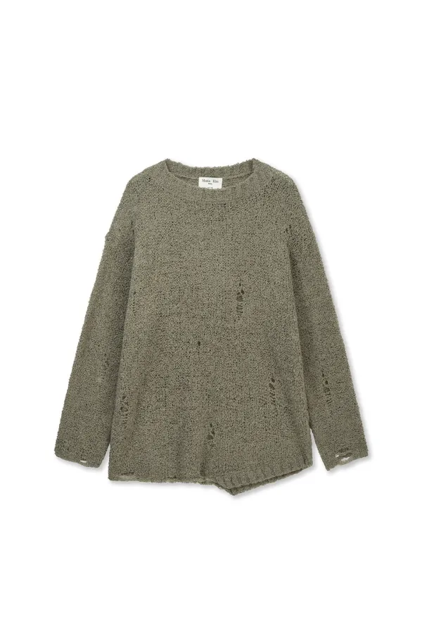 ASYMMETRIC DAMAGED KNIT PULLOVER IN KHAKI