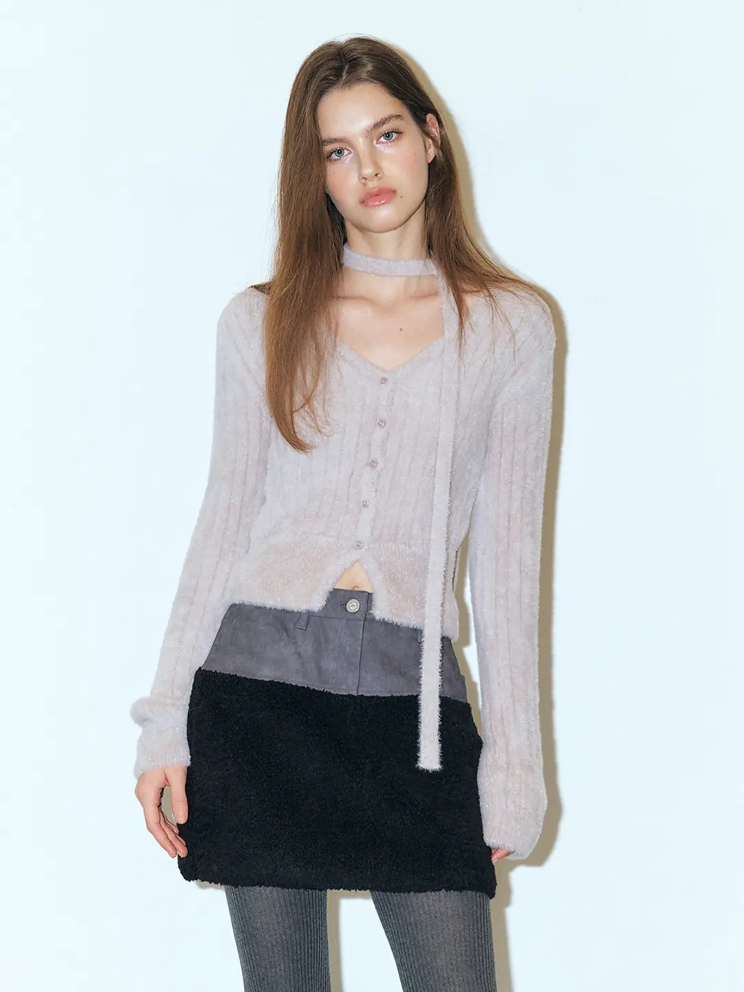 에트몽 Fluffy Scarf Knit Cardigan, Warm Grey 상품 이미지 2