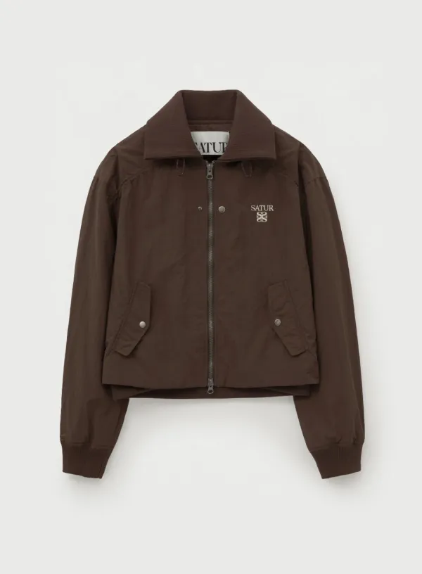 (W) Maron Nylon Crop Bomber Jacket - Brown