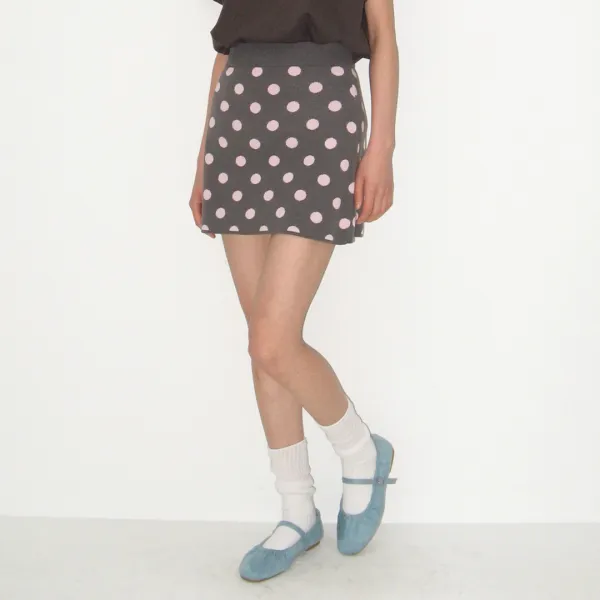 DOT PATTERN BANDING KNIT MINI SKIRT CHARCOAL PINK DOT