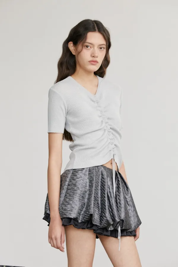 SHIRRING BUTTON KNIT CARDIGAN (LIGHT GREY)