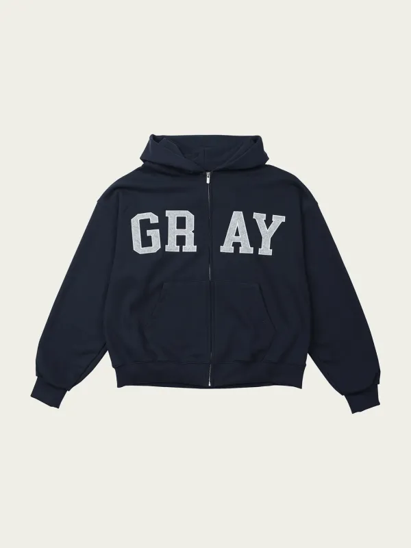 (2차) GRAY Patch Hoodie Zip-Up - Navy