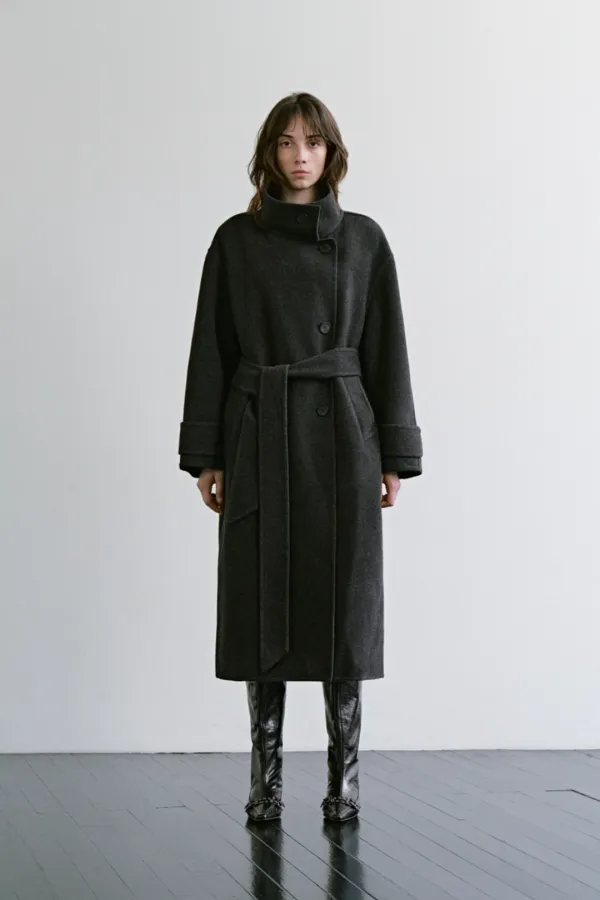 High-Neck belted Handmade Coat [ Charcoal ]