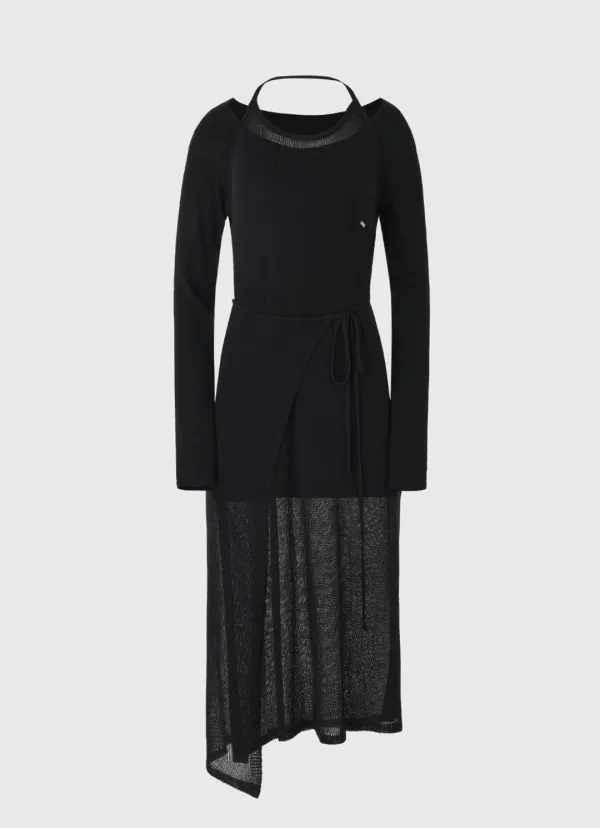 Layered knit dress set - black
