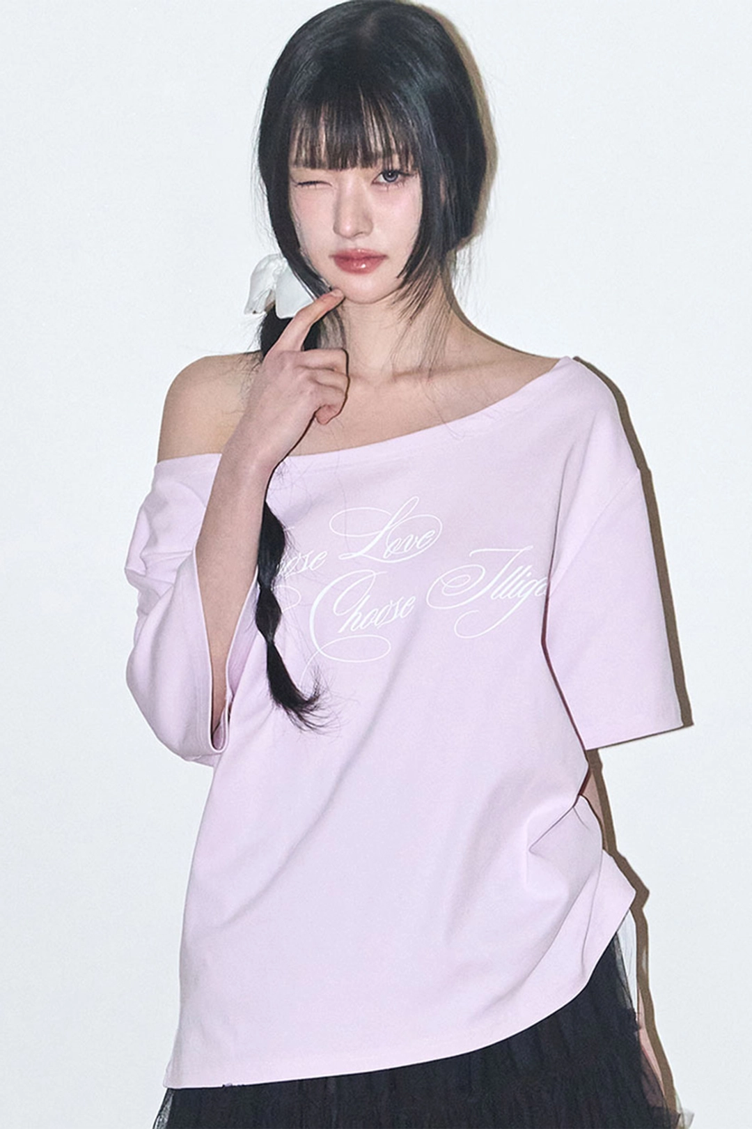 일리고 시어 리본 오프숄더 탑 핑크 상품 이미지 2