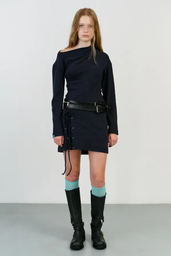 TWISTED LACE UP MINI DRESS - NAVY