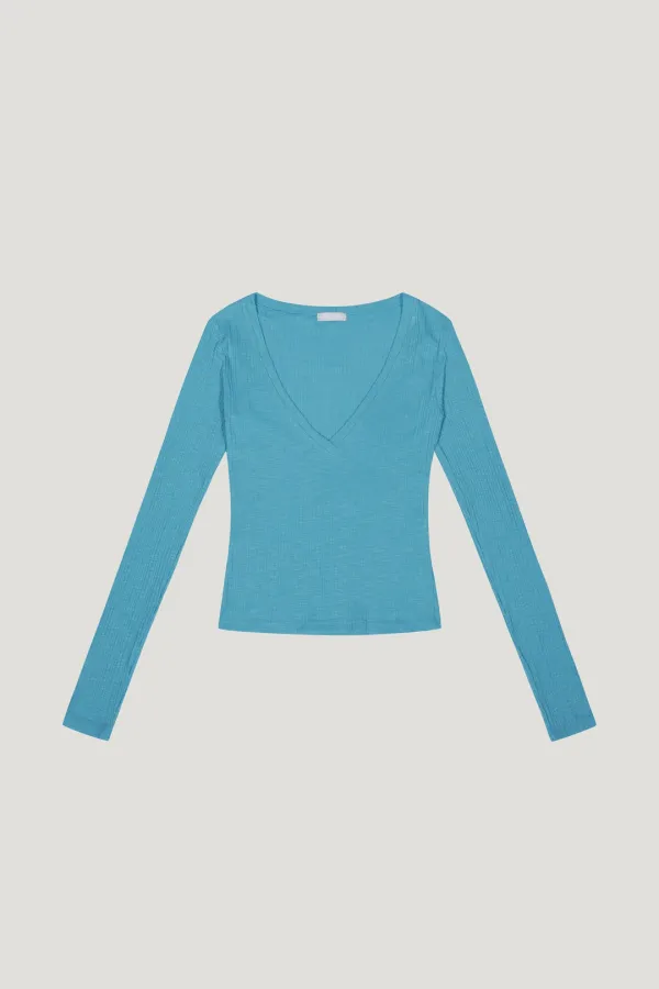 Ribbed V-Neck Top (blue)