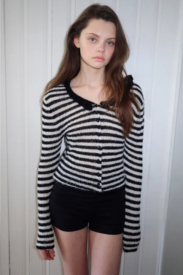 SUMMER FURRY STRIPE KNIT CARDIGAN (BLACK)