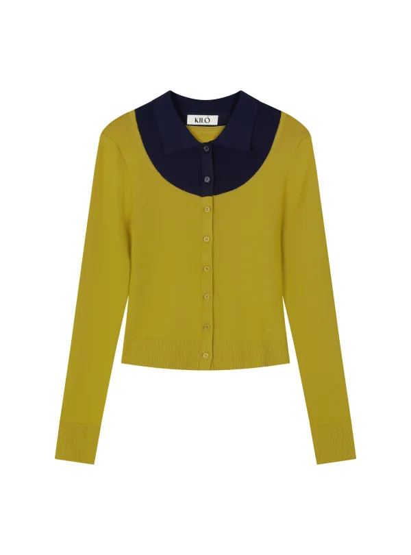LAYERED COLLAR KNIT CARDIGAN (MUSTARD OLIVE)