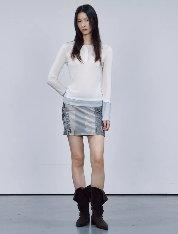 HENLEY NECK LAYERED TOP [IVORY]