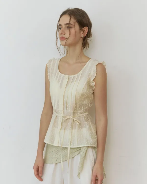 Frill mini flower see through blouse - cream
