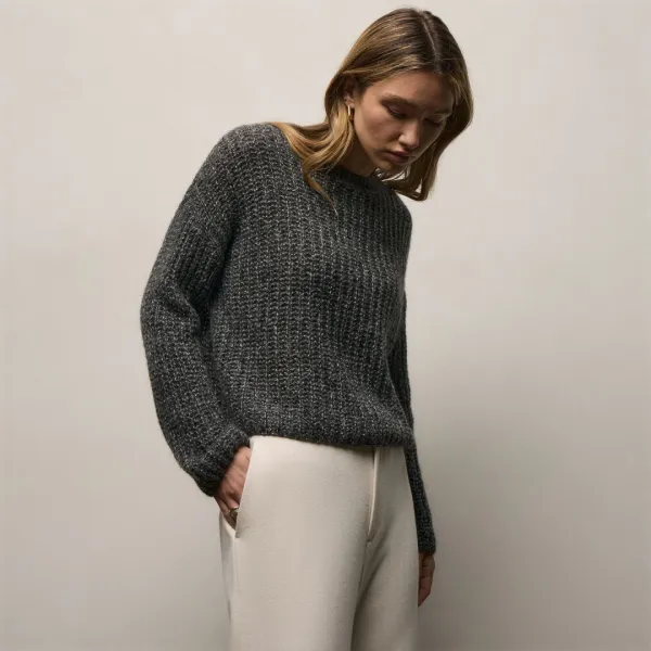 Marled Cashmere Silk Crew Sweater - Black Mix